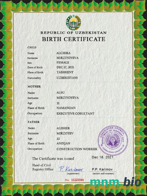 Uzbekistan narodziny certyfikat PSD szablon
